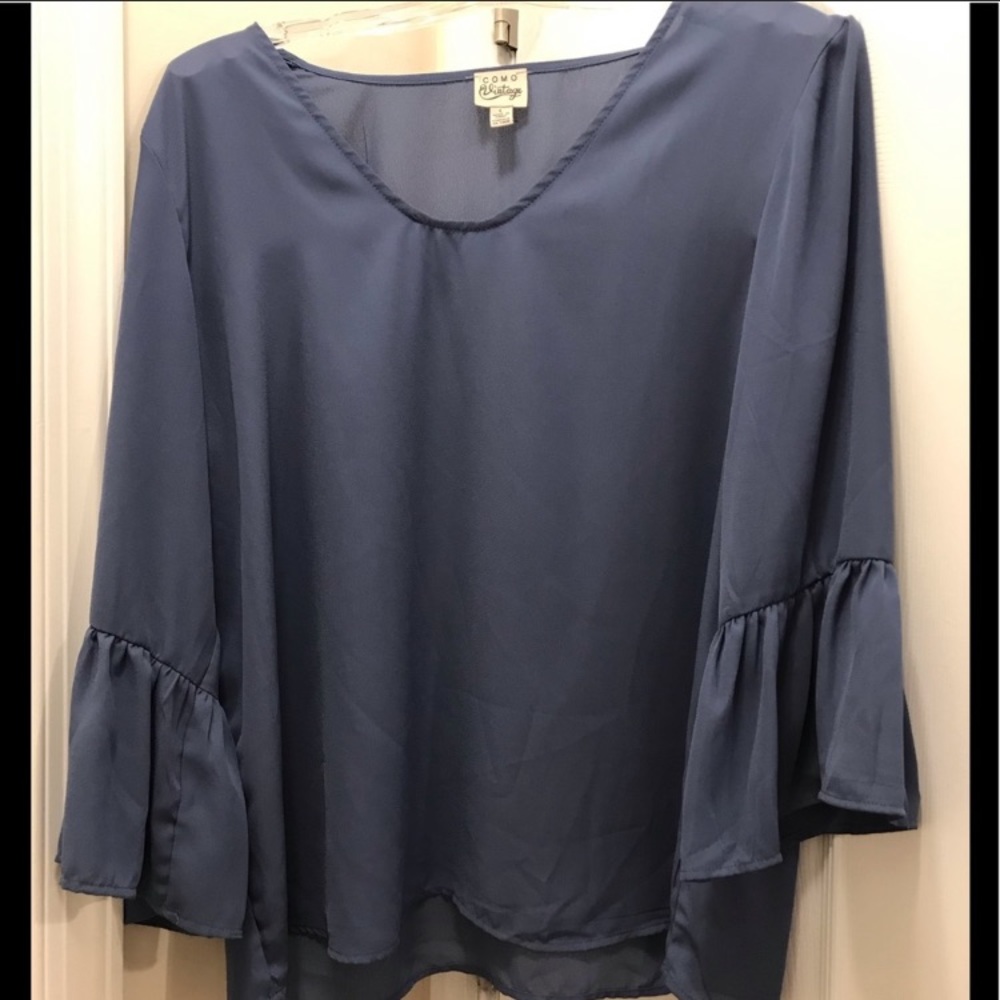 Como Vintage Blue Sheer Flowy Sexy Blouse Bell Sleeves Polyester Size Large